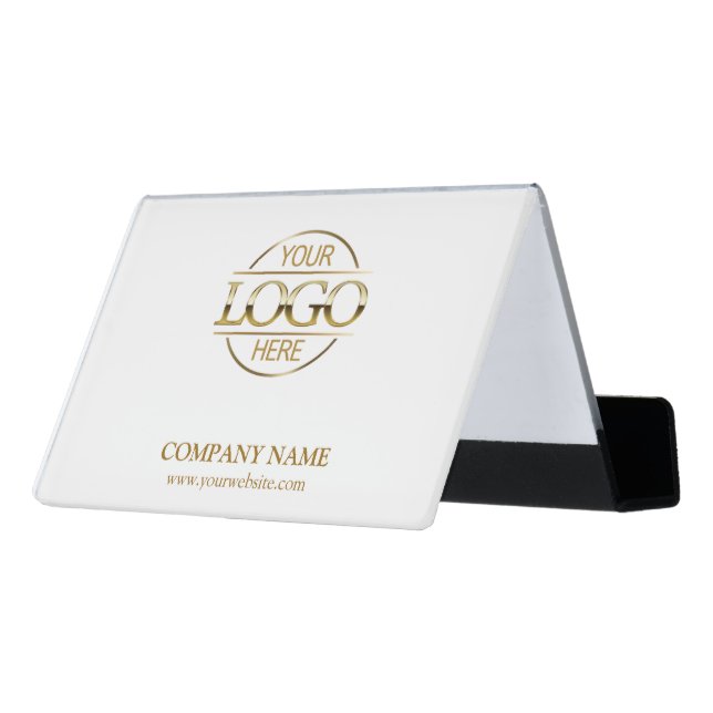 Minimalist Custom White Gold Company Business Logo Desk Business Card Holder (Angled Back)