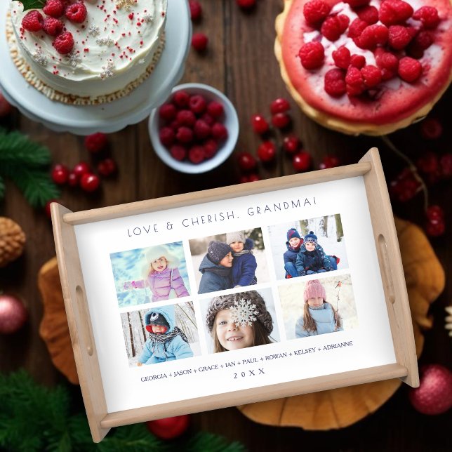 Minimalist Cute 6 Photos Collage Keepsake Family Serving Tray (Minimalist Cute 6 Photos Collage Keepsake for Family: Mom, Nanna, dad... Serving Trays.)