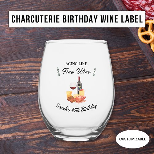 Minimalist Cute Charcuterie  Wine Picnic Birthday Stemless Wine Glass