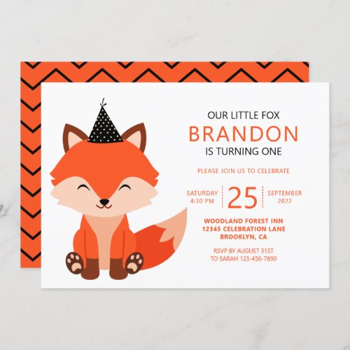 Minimalist Cute Little Fox Zigzag Birthday Invitation