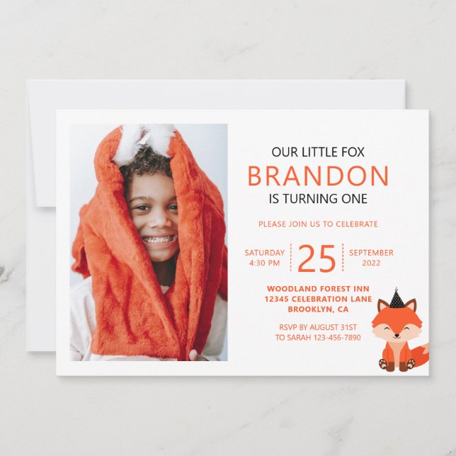 Minimalist Cute Little Fox Zigzag Photo Birthday Invitation (Front)