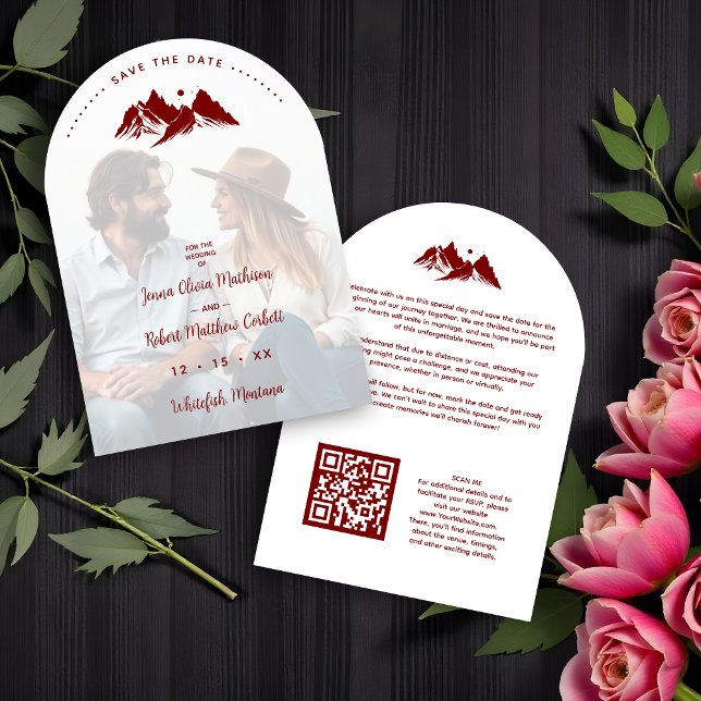 Minimalist Cute Mountains Landscape Photo Wedding Save The Date (Minimalist Rustic Cute Mountains Landscape Photo Wedding Save the Date Cards with QR Code.)