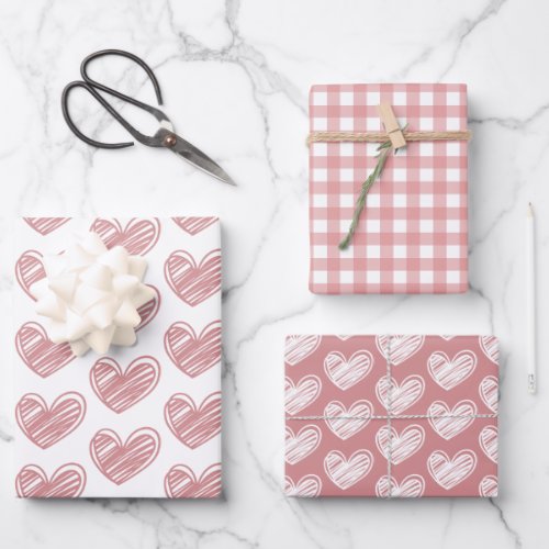 Minimalist Cute Pink and White Hearts and Stripes  Wrapping Paper Sheets