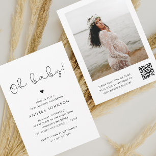 Minimalist Cute Script QR Code Photo Baby Shower Invitation