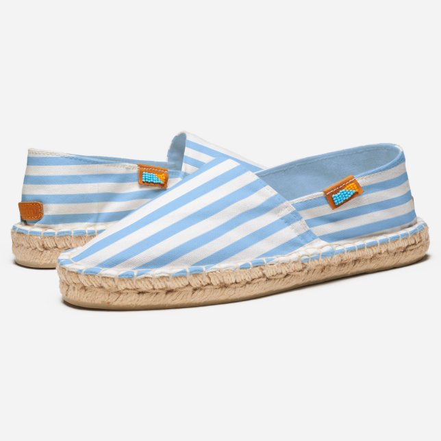 Minimalist Cute White Stripes on Soft Baby Blue Espadrilles (Angled)