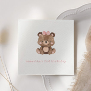 Minimalist Cute Woodland Pink Bear Birthday Party Napkins