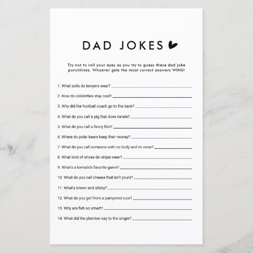 Minimalist Dad Jokes Baby Shower Game Cards | Zazzle