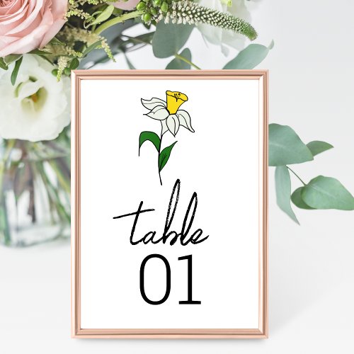 Minimalist Daffodil Wedding Table Number