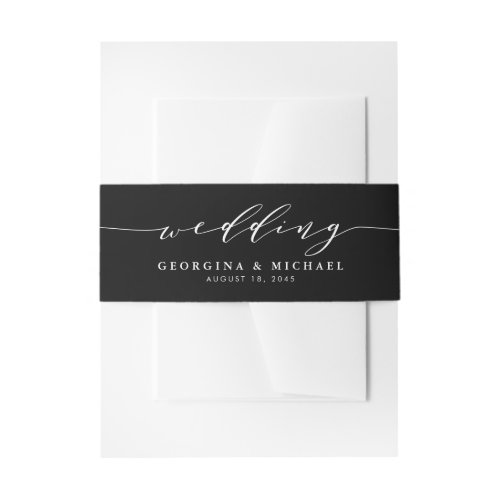 Minimalist Dainty Script Black and White Wedding Invitation Belly Band