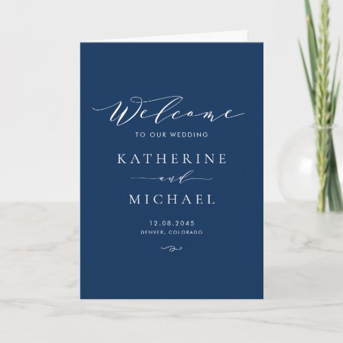 Minimalist Dainty Script Navy Blue Wedding Program