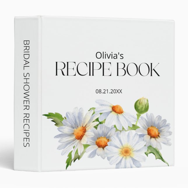 Minimalist Daisy Bridal Shower Recipe Book 3 Ring Binder (Front/Spine)