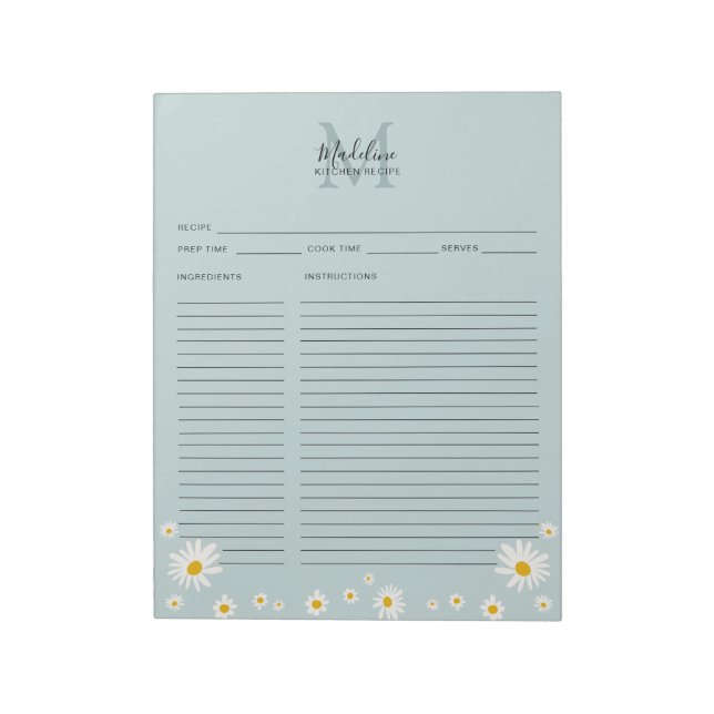 Minimalist Daisy Teal Script Monogram Recipe Sheet Notepad (Rotated)