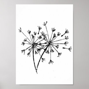 Minimalist Dandelion Digital Sketch Art Black Poster