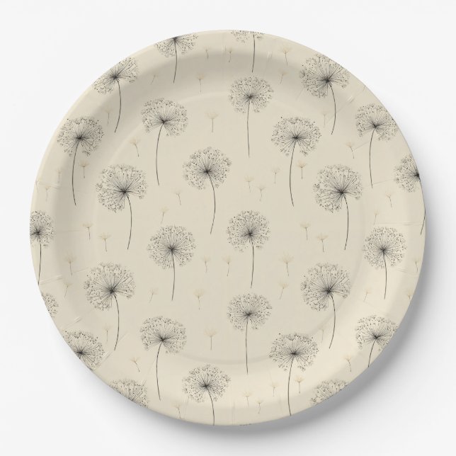 Minimalist Dandelion Seed Pattern Beige (1) Paper Plates (Front)