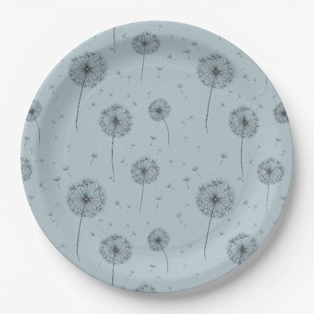 Minimalist Dandelion Seed Pattern Blue (1) Paper Plates (Front)