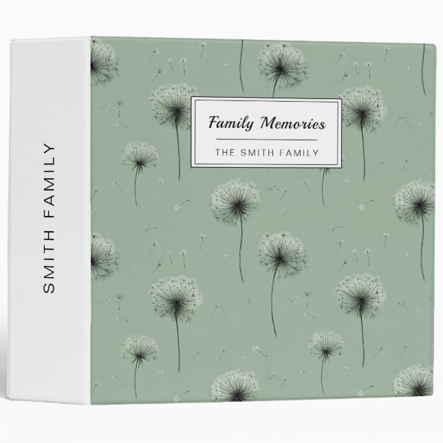 Minimalist Dandelion Seed Pattern Green 3 Ring Binder (Front/Spine)