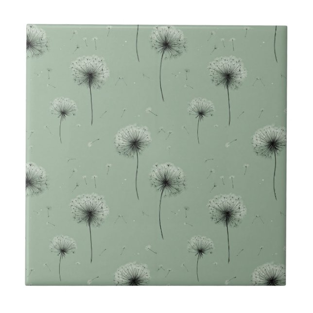 Minimalist Dandelion Seed Pattern Green Ceramic Tile (Front)