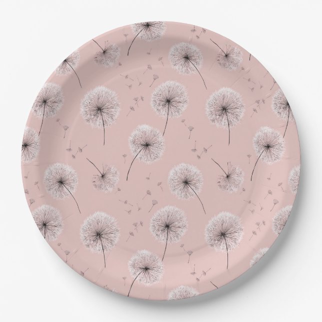 Minimalist Dandelion Seed Pattern Pink (1) Paper Plates (Front)