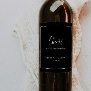 Minimalist Dark Black Cheers Wedding Wine Labels