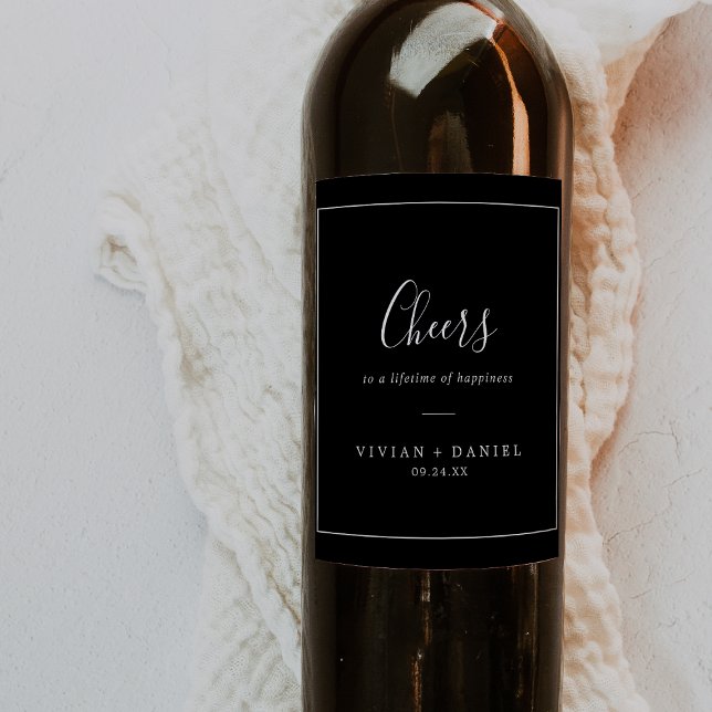 Minimalist | Dark Black Cheers Wedding Wine Labels (Creator Uploaded)