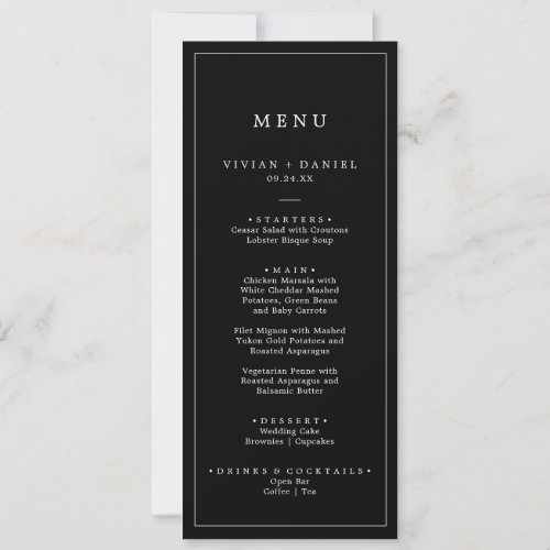 Minimalist Dark Black Printable Wedding Menu Invitation