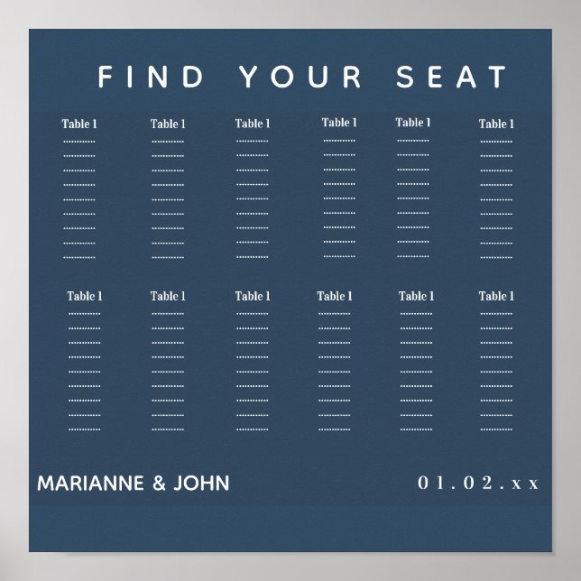 Minimalist Dark Blue 2 Tone Wedding Seating Chart (Front)