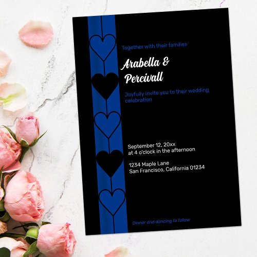 Minimalist Dark Blue and Black Hearts Wedding Invitation
