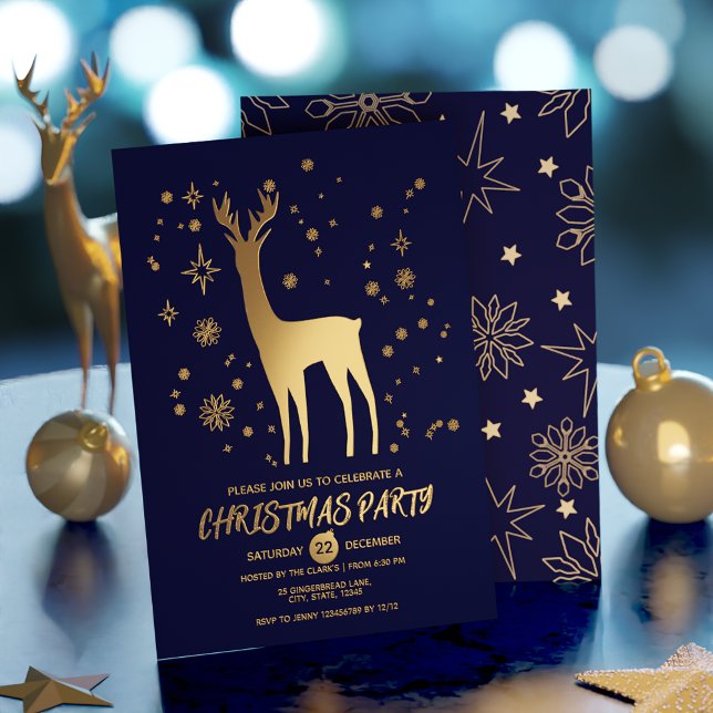Minimalist dark blue and gold Elegant Deer xmas Foil Invitation (Minimalist dark blue and gold Elegant Deer xmas Foil Invitation)