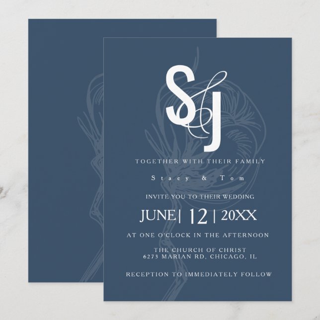 Minimalist Dark Blue Cotton Floral Wedding Invitation (Front/Back)