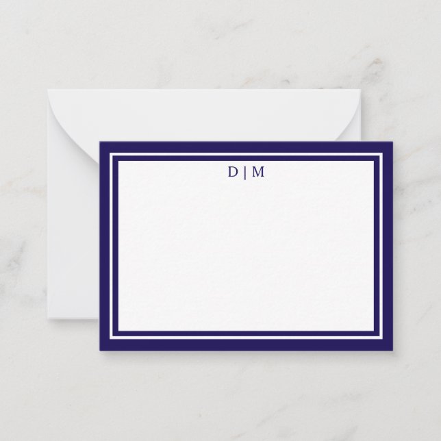 Minimalist dark blue Double Border Monogram  Note Card (Front)