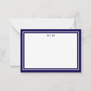 Minimalist dark blue Double Border Monogram  Note Card