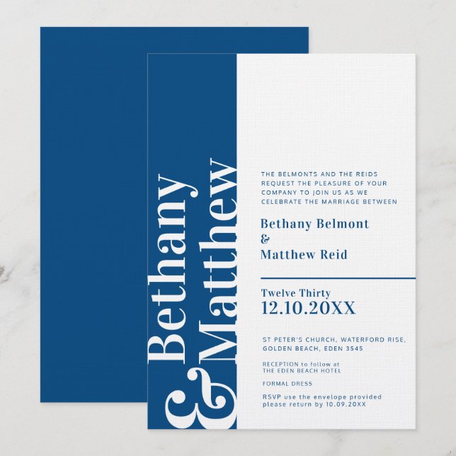 Minimalist dark blue white graphic text wedding invitation (Front/Back)