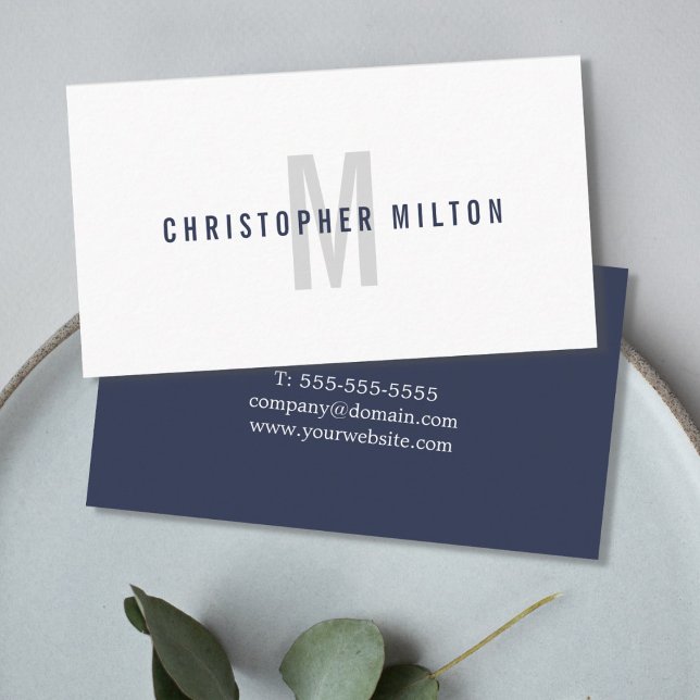 Minimalist Dark Blue White Monogram Consultant Business Card (Creator Uploaded)