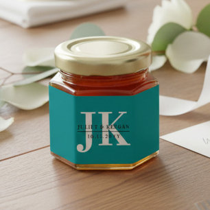 Minimalist Dark Cyan Monogram Wedding Honey Jar Favors