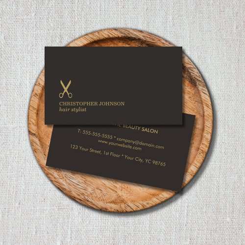 Minimalist Dark Faux Gold Scissor Hair Stylist Business Card