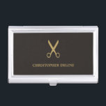 Minimalist Dark Faux Gold Scissor Hairstylist Business Card Case<br><div class="desc">Elegant business card holder with faux gold scissor pattern and dark grey background. Perfect for hairstylist. Minimalist masculine design.</div>