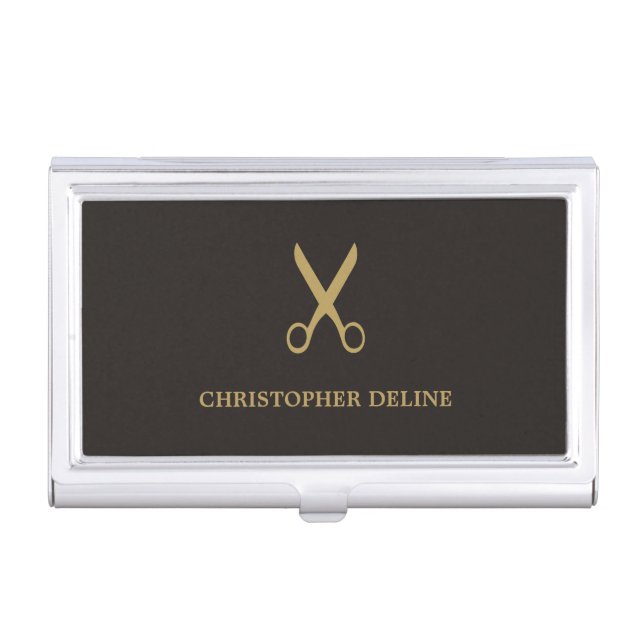 Minimalist Dark Faux Gold Scissor Hairstylist Business Card Case (Front)