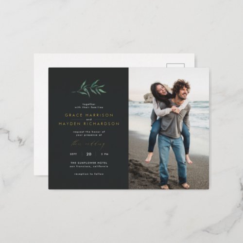 Minimalist Dark Gray  Green Branch Wedding Photo Foil Invitation Postcard