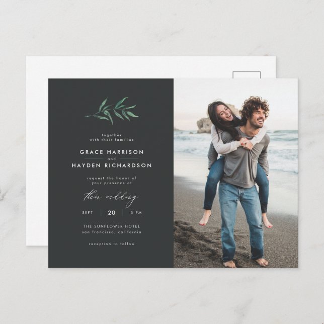 Minimalist Dark Gray & Green Branch Wedding Photo Invitation Postcard (Front/Back)