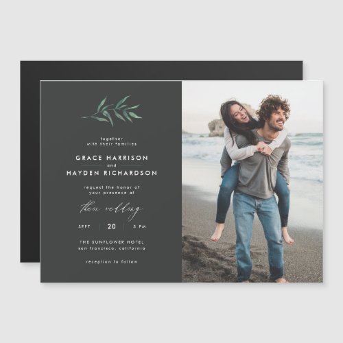 Minimalist Dark Gray  Green Branch Wedding Photo Magnetic Invitation