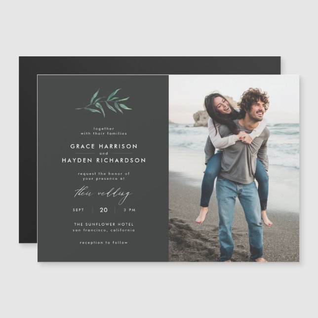 Minimalist Dark Gray & Green Branch Wedding Photo Magnetic Invitation (Front/Back)