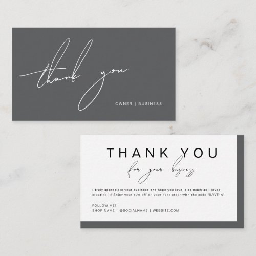 Minimalist Dark Gray Handwritten Script Thank You Business Card