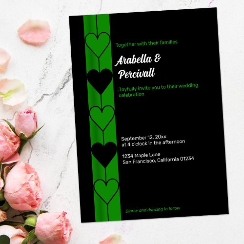 Minimalist Dark Green and Black Hearts Wedding Invitation