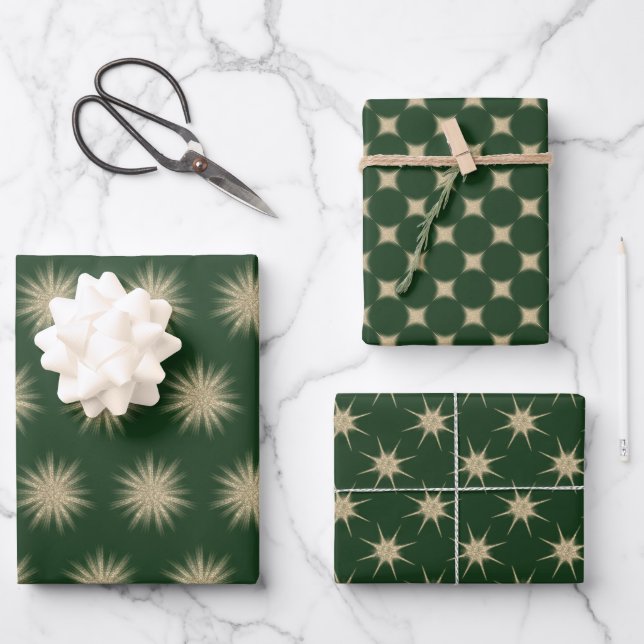 Minimalist Dark Green Elegant Gold Starbursts Wrapping Paper Sheets (Front)