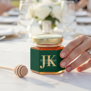 Minimalist Dark Green Gold Monogram Wedding Honey Jar Favors
