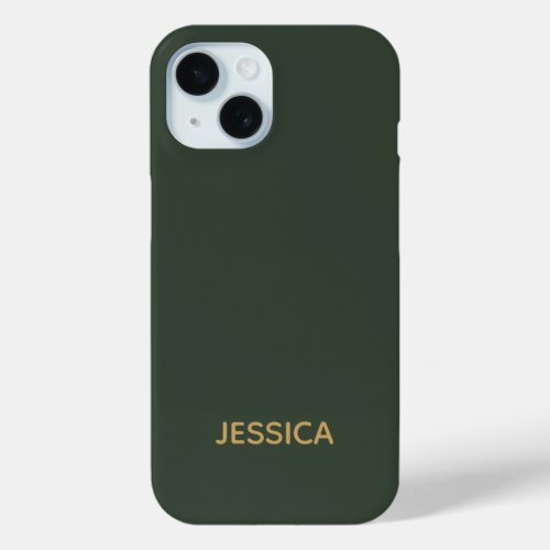 Minimalist dark green gold script personalized iPhone 15 case