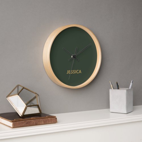 Minimalist dark green gold script personalized clock