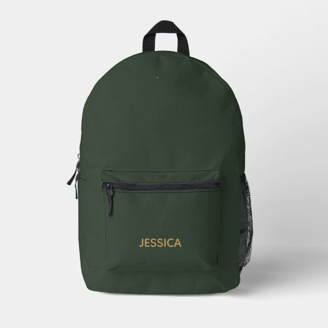 Minimalist dark green gold script personalized printed backpack (Front)