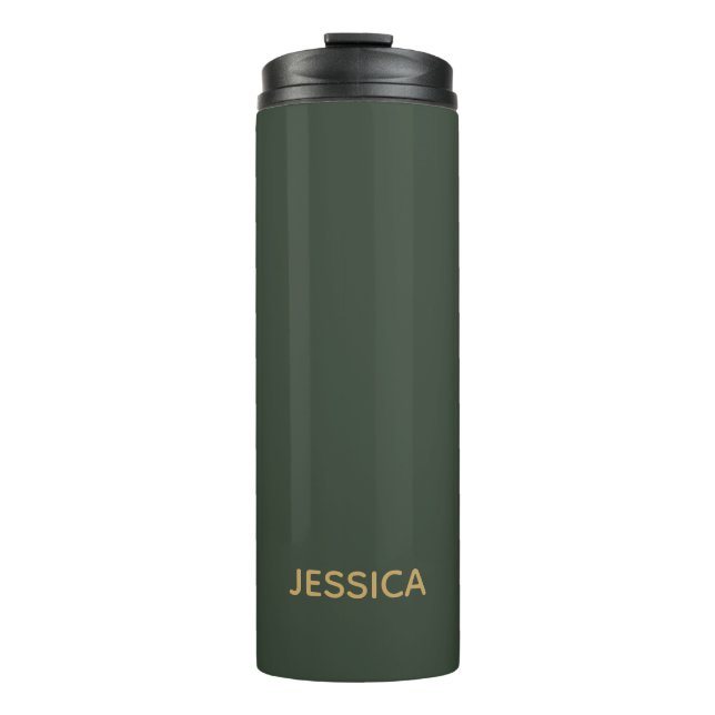 Minimalist dark green gold script personalized thermal tumbler (Front)
