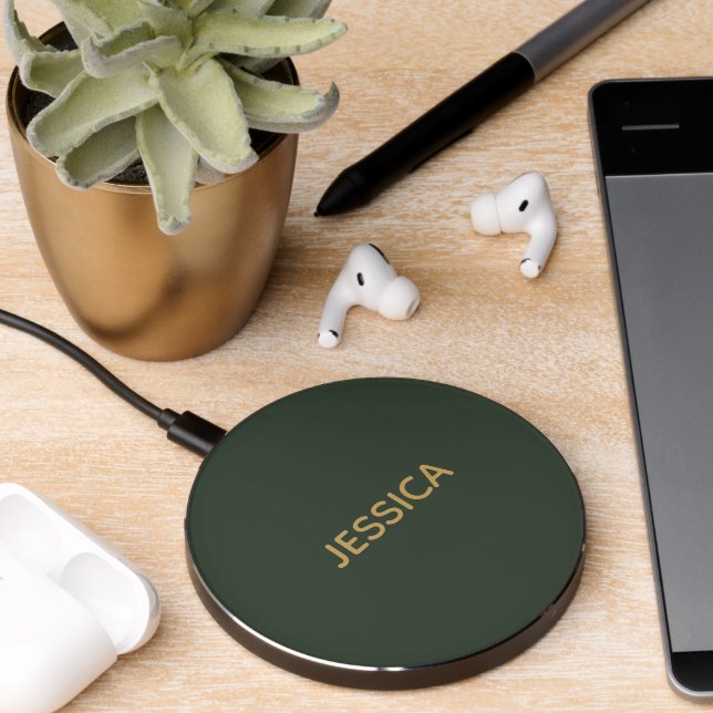Minimalist dark green gold script personalized wireless charger  (Desk 2)